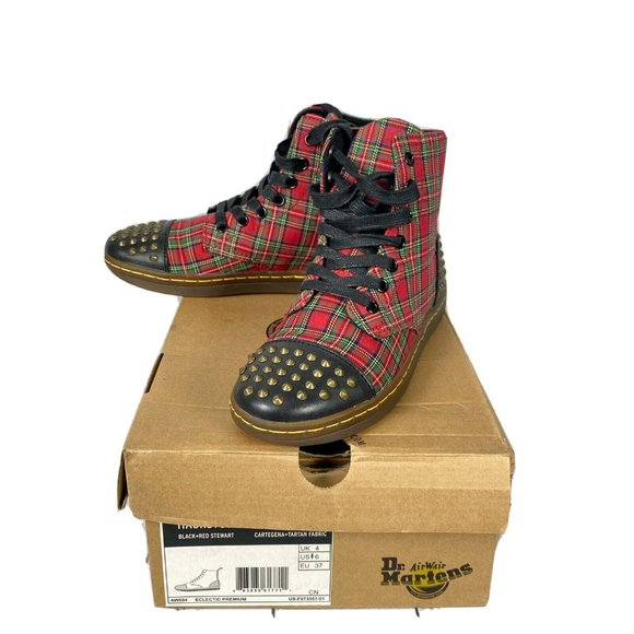 Dr Martens Dai Red Black Plaid Studded 